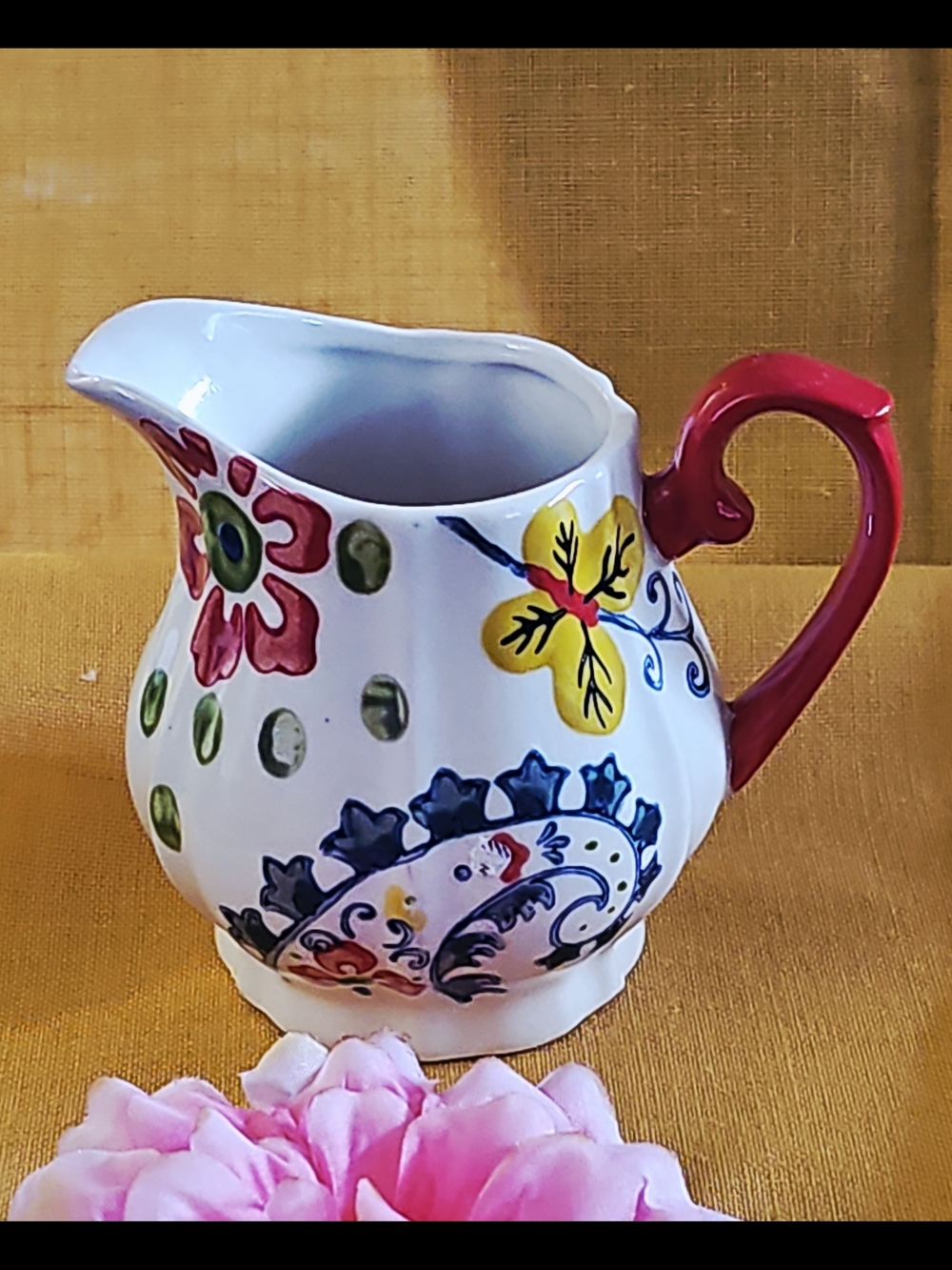 Pier 1 Hand-Painted Floral Ceramic Pitcher in White with Pink Handle